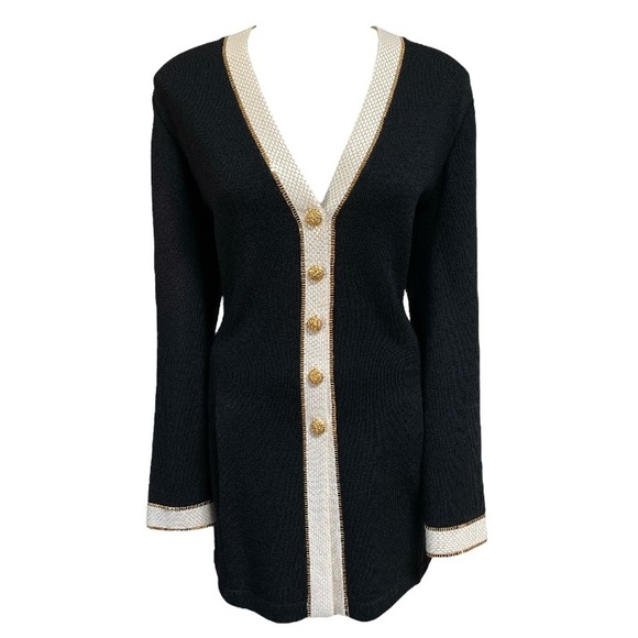 ST JOHN EVENING / BLACK, GOLD + CREAM LONG BLAZER / SZ 10 / MADE IN USA - Picture 2 of 6